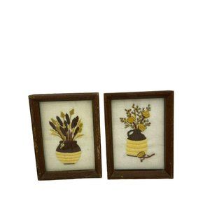 Pair of Vintage Retro 1970s Framed Crewel Needlework Art Yellow Brown Florals